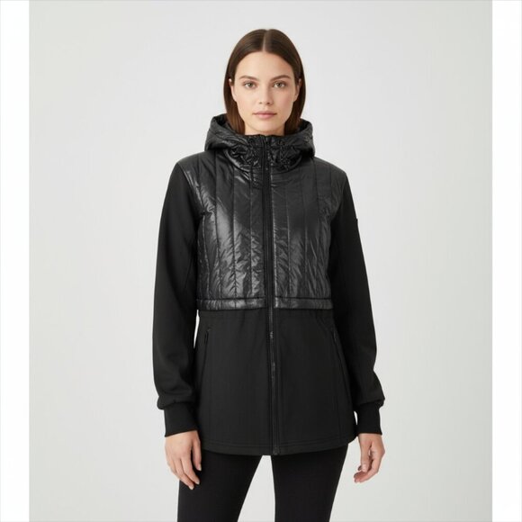 Guess Black Puffer and Softshell Hooded Parka Jacket Women's Size XL - Picture 1 of 10